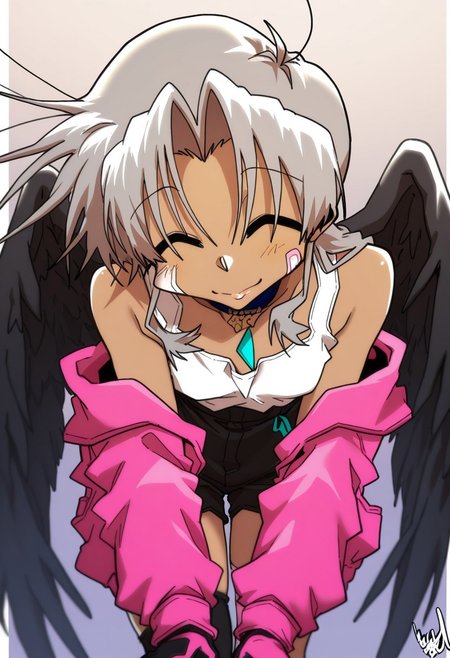 edkuroki, best quality, masterpiece, hires, aesthetic. solo, 1girl, closed eyes, lips, smile, grey hair, pose, grey dark-skinned female, bare shoulders, baggy jacket, black feather wings, high-waist_shorts, dual-colored gloves, pink gloves, asymmetrical thigh-highs, leaning forward, looking at another out of view, head turned to the right side