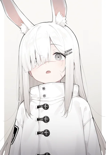 masterpiece,best quality,amazing quality,
1girl, animal ears, solo, long hair, scar on nose, rabbit ears, hair over one eye, hair ornament, scar, scar on face, open mouth, white hair, upper body, hairclip, looking at viewer, white coat, animal ear fluff, grey eyes,
 <lora:Healthyman_epoch_10:1>