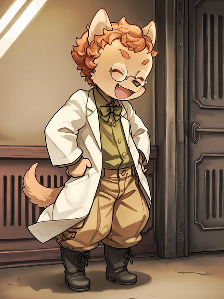 BREAK, <lora:Socks_Million_Illustrious_V1:1>, Socks Million, Fuga: Melodies of Steel, kemono, furry male, young male, 1boy, dog boy, cream fur, orange eyes, orange hair, black nose, animal ears, dog ears, pointy ears, dog tail,
BREAK, Fuga 2 Outift, black boots, khaki pants, green button-up, bowtie, labcoat, glasses, 
BREAK, solo, inside, full body, standing, hands on hips, looking away, open mouth, proud, boasting, eyes closed, big smile