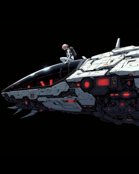 A digital anime artwork in the style of cklg, anime, hard science fiction, a sexy female pilot is inspecting her futuristic, highly advanced space ship seen from the side, with a big air inlet on the front. the vehicle has a silver color, the bottom of the vehicle is black and made out of sharp razor edge metal. the space ship is adorned with intricate, metallic details, and mechanical components, giving it a highly advanced, industrial military look. dark lighting, glowing, intense red light diods on the air inlet emit a menacing, otherworldly glow.