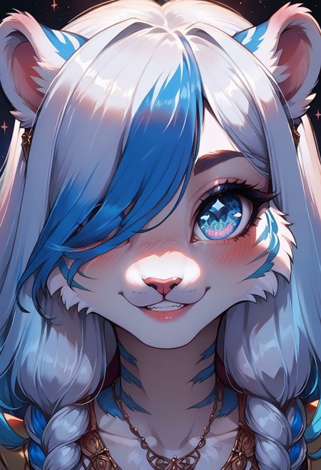 score_9, score_8_up, score_7_up, score_6_up, source_anime, girl, source_fantasy, highres, high quality, perfection, masterpiece, detailed, aesthetic, well-lighted,
face view, face shot, focus from the front, focus on the eyes, eye focus, eye focus, (face closeup:1.3), different angles alley
1girl, solo, furry female, anthro, furred body, fluffy fur, petite and delicate build, cute, sexy, hot, woman, beautiful, beautiful face, detailed face, perfect face, detailed anatomy,
(anthro white_tiger girl: 1.2), (white fur: 1.5), (blue tiger stripes:1.2),
beautiful girl, cute girl, petite girl, youthful, young, beautiful face, detailed face
long hair, (symmetric bangs), multi-colored hair, multicolored hairs, two-tone hair, white hair, blue hair, Hair over one Eye,
Symbol-shaped pupils, thick eyeliner, batting her eyelashes, perfect eyelashes, (perfect eyes:1.3, detailed eyes, amazing eyes, blue eyes, beautiful blue eyes) 
(Concept) Eye Detail
glittering eyes, stars in the eyes, happy eyes,
cute looking, looking up to viewer, shy cute_pose, dynamic pose, ((masterpiece)), expresive face, embarrassed, full-face blush, ear blush
sweet smile, innocent smile, conceited, poses, wide grin, blushing