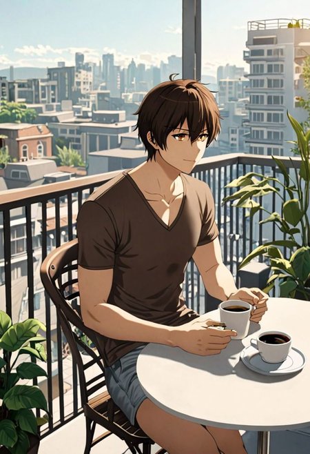 Highres, Masterpiece, High Quality, 4K, 8K, solo, 1Boy, Seiya Kanie, short dark brown hair, golden eyes, home balcony, city view, small table, balcony chair, houseplants, fresh air, morning, breeze, soft sunlight, calm, peaceful, holding a cigarette, cup of coffee, v-neck t-shirt, shorts, relaxing, enjoying moment, ashtray, coffee cup, easynegative, detailed_eye_model