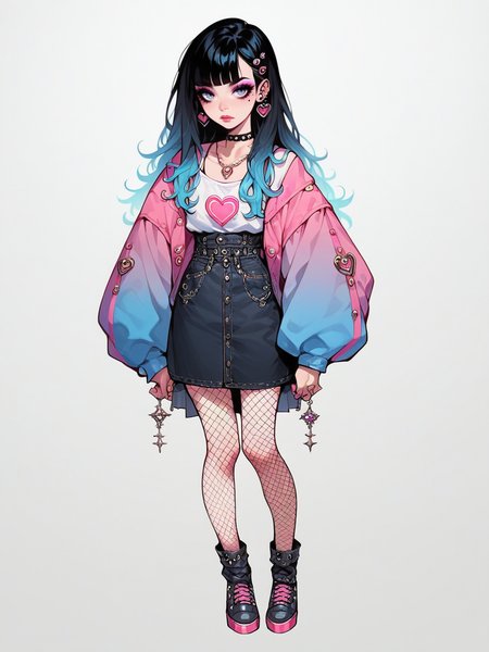 source_anime, score_9, score_8_up, score_7_up, score_6_up, score_5_up, <lora:egirlXLP:0.8> egirl, 1girl, solo, makeup, black hair, gradient hair, ear piercing, eyeshadow, fishnet pantyhose, full body, blue, pink, white
