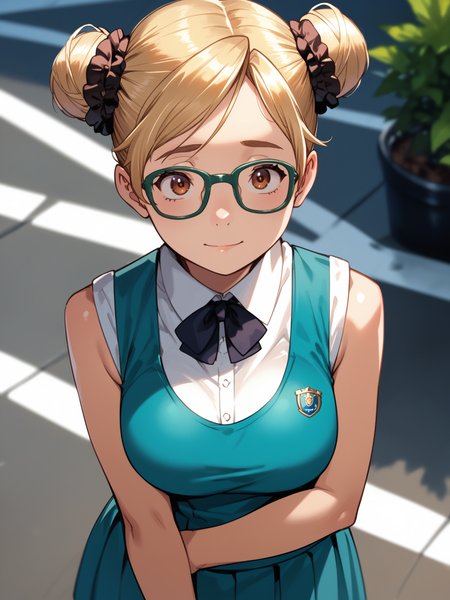 (cowboy shot, solo focus:1.2) <lora:happy_tentacle-mako-v0.1-000031:1>, ht_mako, blonde hair, brown eyes, large breasts, glasses, hair bun, double bun, hair scrunchie (petite:1.2), <lora:Shed_The_Skin's StS_age_slider_v1_initial_release:-1.4> ( (sleeveless :1.1) :1.1) ( , (wide-eyed :1.2) , (sad :1.2) , smile , (looking at viewer:0.6) :1.1) , outdoors, vegetation, ( :1.1), , (day :0.6), , (:0.5), , (science fiction :0.9), (mesa :1.2) (( from above :1.2) :0.8) score_9, score_8_up, score_7_up, score_6_up, score_5_up, score_4_up, ( [(realistic, photorealistic:1.3):(realistic:1.2):18] [(3d:1.2)::16] :1) <lora:LUUNA's Lunas-NijiJourney-SDXL-B2:0.35>, nijijourney <lora:prgfrg23's Counterfeit-V3.0 Style SDXL_LoRA_Pony Diffusion V6 XL:0.5> <lora:mfcg's mfcgXL:0.12> <lora:reweik's gyokai(himehajime)_PonyXL_style_v01:0.14>