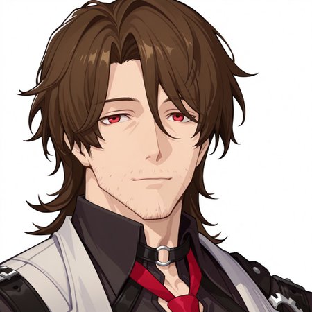 gallahon, 1boy, male focus, solo, red eyes, brown hair, bangs, stubble, shirt, black shirt, collared shirt, necktie, red necktie, face focus, perfect face, muscular, p3reloadportraits, portrait, white background, looking at viewer, soft smile