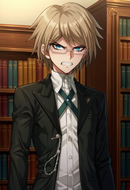 score_9, score_8_up, score_7_up, source_anime, highly detailed, 
togami, 1boy, male focus, solo, glasses, jacket, shirt, teeth, clenched teeth, bangs, collared shirt, clenched hand, looking at viewer, short hair, black jacket, angry, upper body, open clothes, open jacket,
white shirt, semi-rimless eyewear, long sleeves, dress shirt, blue eyes, chain, hand up, brown hair,
indoor, books, bookshelf,