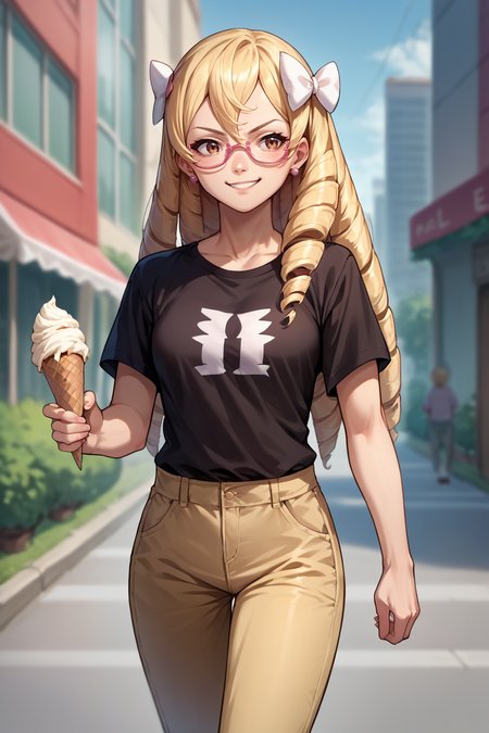 score_9, score_8_up, score_7_up, score_6_up, source_anime, 1girl, solo,  <lora:femaribelle-pdxl-nvwls-v1-000005:1> maribelle, blonde hair, long hair, drill hair, hair bow, earrings, black t-shirt, pink heart-shaped glasses, gold pants, walking, city, holding ice cream cone, smirk