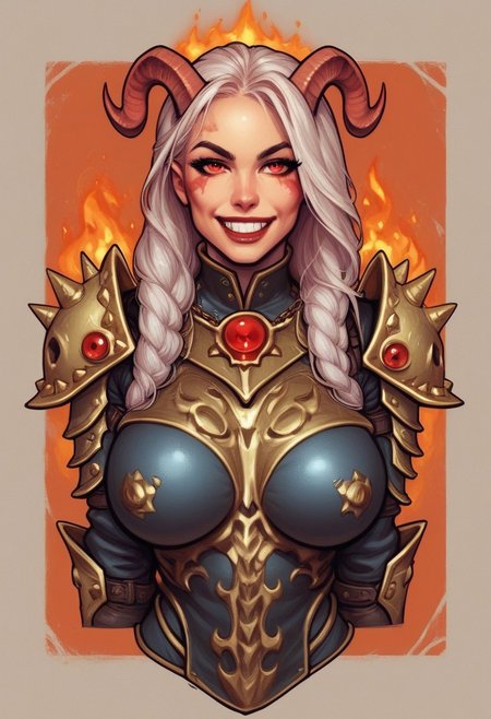 from front, (((front view))), 1girl, illustration, comic style, looking at viewer, highly detailed,
big breasts, (curvy), eyelashes, Khorne marks, ((marks of Chaos)), evil, blood, DaughterOfKhorne, (((skull))), chain, spikes, armor, 1girl, long hair, white hair, looking at viewer, smile, teeth, red eyes, straight horns, red theme, fire, shoulder armor, gauntlets, , pauldrons, full armor, demon, pretty face, space marine <lora:bolter:0.9> <lora:gstr-pdxl:0.8> <lora:Cherry-Gig:0.55> ((((full-clothed armor))))
BREAK 
strange world background score_9, score_8_up, score_7_up, score_6_up, source_cartoon, rating_explicit, Expressiveh, (((((upper body, full body))))), dynamic pose