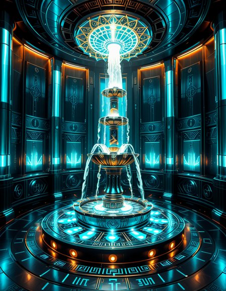 The center of a high-tech, alien temple-laboratory, where dark metallic walls shimmer under the glow of cyan vertical light tubes and faint sacred runes. In the middle of the chamber lies an elaborate biomechanical fountain, rising like an altar from a circular platform of engraved metal. The fountain pulses with iridescent liquid light, flowing in gravity-defying streams that spiral upward before cascading back into a glowing basin etched with ritual patterns. Bioluminescent veins run through the structure, illuminating the surrounding floor like circuitry. Overhead, a radiant, halo-like design casts a celestial glow, enhancing the surreal, sanctified atmosphere. The space exudes a fusion of sacred ceremony and alien technology, as if the fountain were a source of divine power worshipped by another world.
<lora:high-tech_alien_temple_f0unt41n:1>,high-tech alien temple f0unt41n,<lora:SDXLFaeTastic2400:0.4> <lora:extremely_detailed:0.4> extremely detailed, Masterpiece,best quality,hi res,8k,hi res,8k,award winning,(sharp focus, intricate, highly detailed),