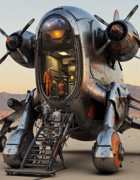 Art by Andrian Luchian. A photo-realistic rendering of a futuristic, sci-fi aircraft with a sleek, metallic design and large propellers, set against a desert backdrop during sunset. the aircraft is positioned in the center of the image, with a large, open cockpit and stairs leading up to it. The cockpit is highly detailed with a futuristic design, featuring orange accents and glowing yellow accents. The aircraft has a large propeller on each side and a control panel with various buttons and screens. two people, a man and a woman, are standing in front of the aircraft, looking at it intently. the man is wearing an orange jumpsuit and the woman is wearing a black jumpsuit. they appear to be engaged in conversation, with the man standing at the front door and woman at the back. the background shows a desert landscape with mountains in the distance and a clear sky. the overall atmosphere is one of adventure and excitement, as if they are about to embark on an adventure.