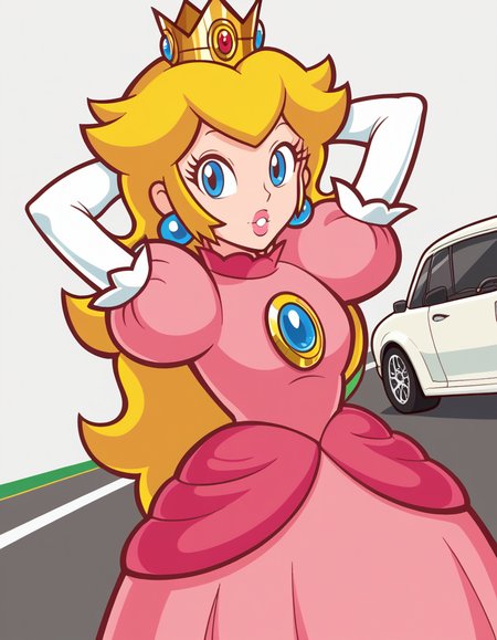 score_9, score_8_up, score_7_up, source_anime, <lora:super-princess-peach-ingame-ponyxl-lora-nochekaiser:1>, princess peach, blonde hair, blue eyes, long hair,, crown, dress, gem, gloves, pink dress, puffy short sleeves, puffy sleeves, short sleeves, white gloves,, road, cars, asphalt, travel, speed, , hands behind head,, looking at viewer, solo,, dutch angle, cowboy shot