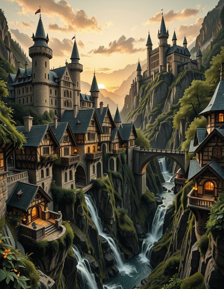 A breathtaking medieval fantasy city nestled in a lush valley, surrounded by towering mountains and dense forests. A grand castle with multiple towers and turrets stands atop a hill, overlooking the town below. The city consists of charming half-timbered houses with glowing windows, perched on rocky cliffs and connected by stone bridges over cascading waterfalls. The river flows through the village, reflecting the warm golden lights of lanterns and torches. Ivy and moss grow over the stone walls, adding to the enchanted, ancient atmosphere. The background features misty mountains with additional fortresses and watchtowers, partially hidden by low-hanging clouds. The sky is illuminated by a soft, warm sunset, casting a golden glow on the scenery, creating a perfect blend of realism and fantasy. Highly detailed, cinematic, and immersive, with a magical, fairy-tale ambiance.
<lora:SDXLFaeTastic2400:0.4> <lora:extremely_detailed:0.4> extremely detailed, ,medieval f4nt4sy c1ty <lora:medieval_f4nt4sy_c1ty-i:1>, Masterpiece,best quality,hi res,8k,hi res,8k,award winning,(sharp focus, intricate, highly detailed),