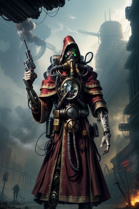 ((masterpiece,best quality)), absurdres, BREAK
mechanical arms, robes, hood, BREAK
((techpriest)), cyborg, mechanical face, mechanical limbs, gas mask, mechanical tentacles, (mechanical backpack), BREAK
1other, solo, holding pistol, firearm, handgun, pistol, gun, BREAK
factory background, smoggy sky, air pollution, smokestacks, BREAK