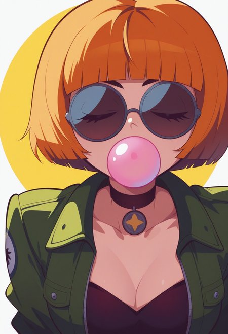 f11ph1style,  masterpiece,   best quality, solo,   mathilda from leon, green jacket, black round sun glasses, choker, (bobcut:1.1), white background, blowing bubblegum, facing viewer, 