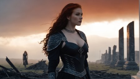 Anna_Keye, A dark Celtic goddess standing on a storm-lit battlefield at twilight, her long black hair swirling in the wind. Three crows circle above her as omens of fate. She wears ancient armor woven with raven feathers and etched with glowing red runes. Her eyes reflect death and prophecy. In her hand, a twisted spear forged of obsidian and bone. The ground is covered in mist, revealing flickers of fallen warriors beneath. Behind her, decaying cyberpunk ruins stretch into the distance—collapsed megastructures, shattered neon signs flickering in the haze, remnants of a failed technocracy. Faint circuitry glows along her skin like ancient code. Lightning cuts through the crimson sky, illuminating her silhouette. Cinematic composition, moody lighting, digital art, 16:9 wallpaper, 4K, highly detailed, ethereal atmosphere.