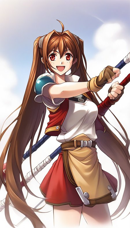 score_9, score_8_up, score_7_up, source_anime, rating_explicit, BREAK  <lora:Estelle_Bright_Retro_XL:1> Estelle_Bright, brown hair, very long hair, twintails, ahoge, red eyes, hair intakes, medium breasts,
1girl, solo, twintails, gloves, weapon, fingerless gloves, smile, skirt, shorts under skirt, black shors, armor, staff, open mouth, cropped jacket, belt
outdoor, sky,