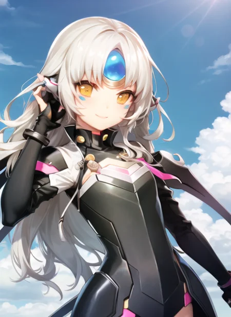 <lora:eve1-000009:1>, nemesis1, upper body, smile, outdoors, simple background, sky, day,