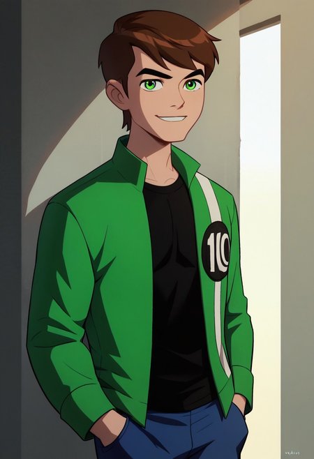 score_9, score_8_up, score_7_up,Ben_ua,1boy,solo,short hair,brown hair,green eyes,green jacked,open jacked,black shirt,smile,blue pants,hands in pockets,masterpiece,best quality