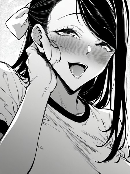 score_9, score_8_up, score_7_up,  
1girl, monochrome, takane fn, black hair, long hair, swept bangs, hair ribbon, huge breasts,

upper body, gym uniform, smile, open mouth, nose blush, naughty face,  narrowed eyes, hand on own cheek,