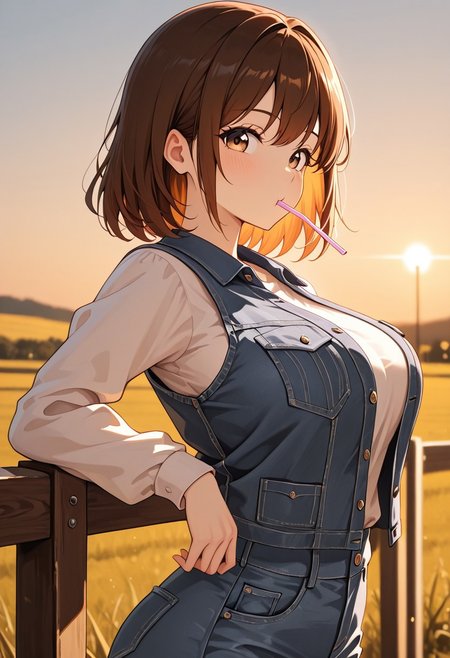 masterpiece, best quality, good quality, very aesthetic, absurdres, newest, 8K, depth of field,  in the style of cknc, artist:moriimee, in the style of cksc, 
1girl, long brown hair, braided, hazel eyes, large breasts, bouncy, denim vest, unbuttoned, glossy skin, leaning on fence, chewing straw, looking at viewer, from side
BREAK
rustic ranch, wooden fence, horses grazing
BREAK
dynamic light, warm colors, high contrast, golden hour lighting, rich details, western vibe