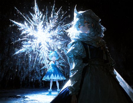 2girls, letty_whiterock, snowflakes, cirno, looking at viewer, 
rella, rolua, negative space, cinematic shot, very awa,quasarcake, retro_artstyle, retro,
masterpiece, best quality, amazing quality, very aesthetic, absurdres,  newest, (volumetric lighting), <lora:Snowflake:0.7>,<lora:ponyv5_noobE11_1_adamW:0.6>, <lora:add-detail-xl:0.5>, <lora:cfg_scale_boost:0.5>, <lora:retro_scifi_artstyle:0.6>, <lora:USNR STYLE_XL_loha:0.6>