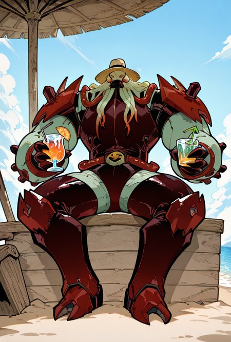 <lora:vilgax-10:1> vilgax, no humans, solo, red eyes, armor, 
 <lora:KafunXLP_style-12:1> KafunXLP, leaning back, sitting on beach, holding drink cocktail, beach hat,, masterpiece, best quality, amazing quality, very aesthetic, absurdres, newest,