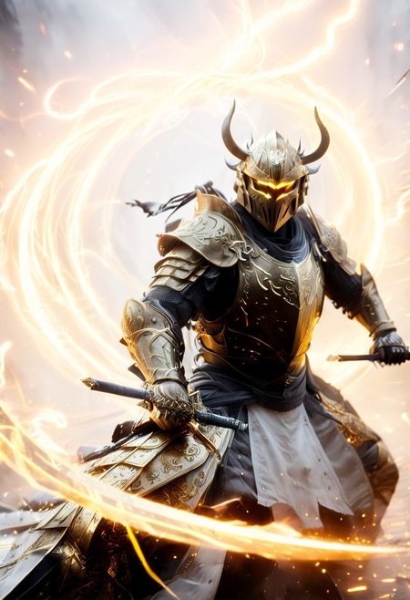 1man, armored samurai in golden samurai armor, wearing samurai helmet and armor,  golden fire, wielding dual swords:1.2, brave perspective, reflection, glowing golden fire, golden lightning shatter, , glowing sword, motion blur, emphasis line, outdoor in the darkness, looking at viewer, katanas