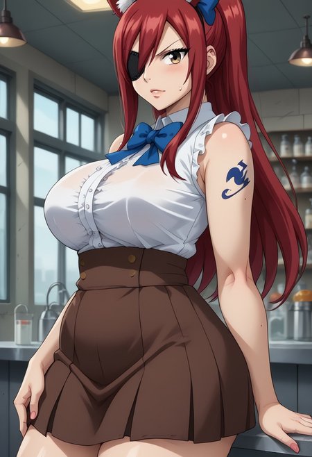 score_9, score_8_up, 1girl, solo, indoors, Laboratory background, Lab gear,    erza scarlet transforming into withered foxy,
 erza scarlet, long hair, red hair, hair between eyes, brown skirt, shirt, bow, boots, sleeveless, sleeveless shirt, tattoo, white shirt, frills,,plump, bbw, big ass,
Withered_FoxyFNAF, , animal ears, yellow eyes, torn clothes, no humans, robot, withered body, damaged, animatronic, joints, endoskeleton, left hook hand, eyepatch on left eye,