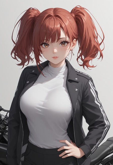 safe_pos, score_9, score_8_up, score_7_up, <laura:expressive_n: 1>, expressive_n, detailed eyes, beautiful, detailed background, perfect eyes,, expressive, 1 girl, visual novel character, sexy 20 year old girl, solo, <lоra: ikarus-chan_close:0.70>, short hair, red hair, two ponytails, shoulder-length ponytails, brown eyes, big breasts, black and white photo of a killer wearing a motorcycle jacket with japanese lettering on the back, solo, simple background, white background, jacket, monochrome, grayscale, weapons, lettering on clothes, skull on jacket, black pants with chains, full height, hand on hip