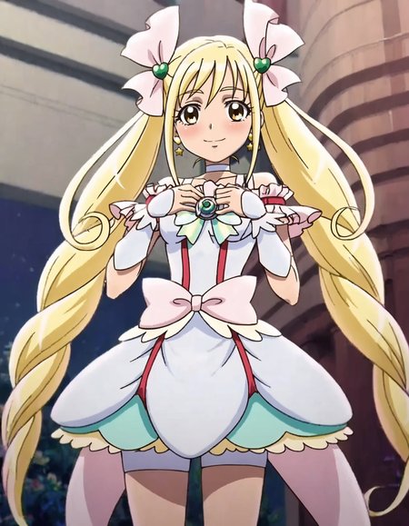 score_9, score_8_up, score_7_up,anime screencap,1girl,solo,cureecho, white choker, waist bow, choker, pink bow,  smile, magical girl, hair ornament, ribbon, jewelry, skirt,wrist cuffs,  hair ribbon, looking at viewer, dress, bike shorts under skirt, frills, brooch, heart,medium breasts,blush,<lora:cureecho:0.8>