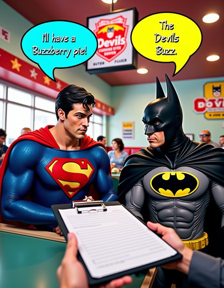 Superman and Batman sitting at a diner. Superman and Batman look towards the viewer. It's a POV shot where the viewer holds a clipboard, taking their orders.  A speech bubble coming from Superman shows the blue text: "I'll have a Buzzberry pie!". A speech bubble coming from Batman shows the yellow text: "The Devil's Buzz.". aidmaTextImprover, <lora:TextimproverV0.4:1>