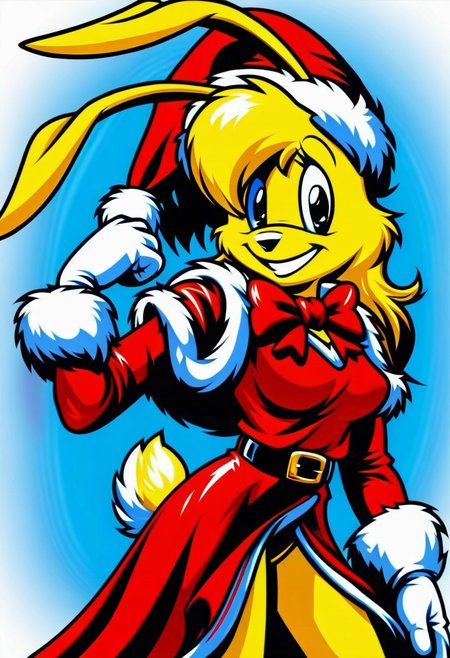 score_9, score_8_up, score_7_up, score_6_up, score_5_up, score_4_up, retro artstyle, BREAK 
LoriJackRabbitPXL, rabbit girl,1girl, solo, hat, fur trim,yellow hair,rabbit tail, animal ears, dress, white gloves, gloves, santa hat, red headwear, makeup, blue background, bow, belt, red dress, red bow,yellow fur, fur-trimmed dress, looking at viewer, furry female, smile, fur-trimmed sleeves, black eyes, furry, choker, bowtie, eyeshadow, long sleeves, christmas, red bowtie, breasts, cowboy shot, happy, gradient background, standing, santa costume, red choker, cropped legs, simple background, signature,rabbit tail, deer ears, fur-trimmed headwear, medium hair, fox ears
<lora:lorijackrabbit-v1:0.9>