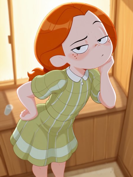 masterpiece, best quality, amazing quality, very aesthetic, absurdres, Shadman, newest, solo, DBLKatieZYN, 1girl, solo, black eyes, ponytail, orange hair, freckles, (green dress), looking_at_viewer