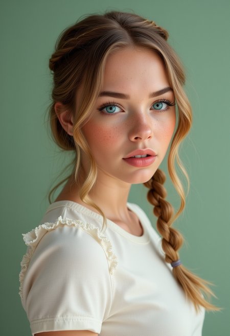 She is approximately 18 years old. Hyperrealism, she is looking at the camera, (dynamic angles), profile headshots of a beautiful, stunning unique female character.  she has braid hair. her eyes are blue and filled with joy and excitement, extravagant eyelashes, she has freckles. a photo of Anastasia, she is wearing a white frilly shirt. The woman is posing confidently. simple sage green colored background. She has a slight smile on her face and is looking directly at the camera. making this image a masterpiece of photography and digital art. realistic. making this image a masterpiece of photography and digital art. Style: realistic hyper-detailed rendering, 32k UHD, expressive eyes, punk, graphic design, girl's face, pretty and cute, gleaming lips, telling a tale of adventure. Exuding confidence and serenity. The overall mood of the image is happy and relaxed,detailed skin texture,(blush:0.2),(goosebumps:0.3),subsurface scattering,whimsical,Detailed hand, Perfect hand. Perfection style.