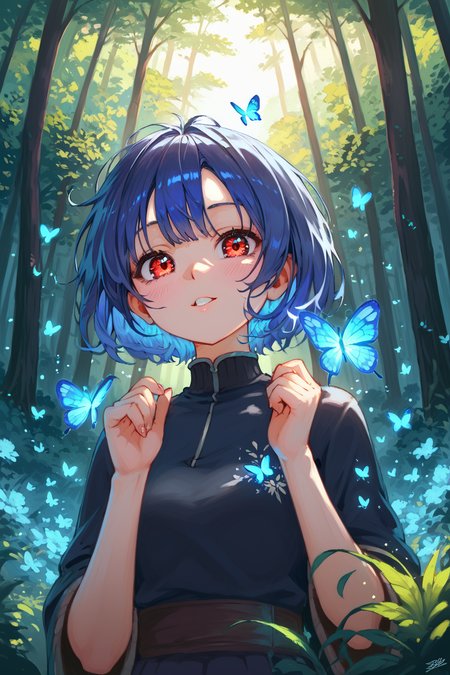 PDXL, source_anime,  <lora:SaishoV1:1>, s4ish0, 
1girl, cute face, detailed eyes, upper body, short blue hair, red eyes, glowing butterflies, forest, 
volumetric reflections, volumetric shadows, HDR, shot on Canon DSLR