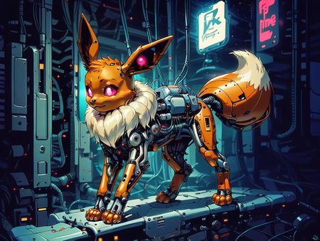 score_9, score_8_up, score_7_up, score_6_up,  <lora:cyb0rgXLP:0.8> cyb0rg, solo, science fiction, cable, mechanical parts, eevee, black, feral, full body, glowing eyes, neon lights,