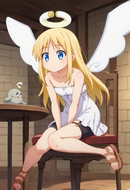 crimvael \(interspecies reviewers\),, blue eyes,blonde hair,long hair,angel,halo,wings,white dress,strapless,bare shoulders,bike shorts,sandals , thighhighs, indoors , sitting on chair,  score_9, score_8_up, score_7_up, ,source_anime, best quality, masterpiece,   , full body view ,   garter straps, collarbone ,  1girl , solo , girl focus ,