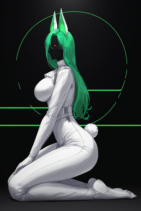 score_9, score_8_up, score_7_up, score_6_up, score_5_up, score_4_up, BREAK, source_anime, solo, 1girl, rating_safe, ((mature female)), ((long green flowing hair)), mechanical parts, ((plastic, polymer, metal body)), (big mechanical rabbit ears), mature female, (bunny ears), (animal ears), subdermal port, ((milf, mature female, big breasts)), hexagon lines in skin, naval uniform overcoat, naval uniform, white military uniform, dress_uniform, ribbons, ((red eyes)), bunny tail, rabbit tail, aiguillette, ((green hair)), ascot, ((Low angle (from the side) view Close shot (focus on knees), Kneeling and mimicking feeding a little bird )), pilot suit, shoulder cutout, bunny rabbit Tail, ((hair over one eye, )), digitigrade, clawed feet, minimal clothes, ((metal skin, shiny skin, vampire aesthetic, digital eyes, filled eyes, monochromatic eyes, glowing eyes, colored sclera, red sclera, mechanical eyes, partially shaded face, slit pupils, angular, minimal face, minimalism, narrow eyes, large eyes)), (anubis \(mythology\), anubis \(mythology\), ), <lora:Pony_DetailV2.0:1.5>, <lora:age_slider_v4:4>, ((dark, shaded, black background, horror, GREEN HAIR,)) <lora:ECHANIS:0.7>,    <lora:SqueakyRem_Style:1>