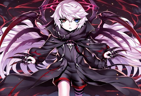 Score_9, Score_8_up, Score_7_up, Score_6_up, Score_5_up, Source_anime, rating_safe, 1boy, Vandelieu, emotionless face, white hair, heterochromia, red and blue eyes, black shirt, black shorts, black trenchcoat, walking, looking at viewer, {{{claw, sharp nails, very long fingernails:2}}}, seraph wings, red crown halo, demon horns, ram horns, dark kingdom, dutch angle