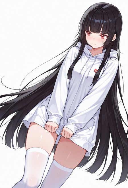 Smooth Quality,masterpiece,very intricate, high quality details, ultra realistic, high detailed skin,detailed enviorement,absurdres,
curled fingers,
 <lora:Atre_CNR:0.8> atre_cnr, 1girl, black hair, very long hair,blunt bangs, red eyes,, simple background, white background, dutch angle,solo,, embarrassed,, pullover,,raincoat,  ,socks over thighhighs,  ,