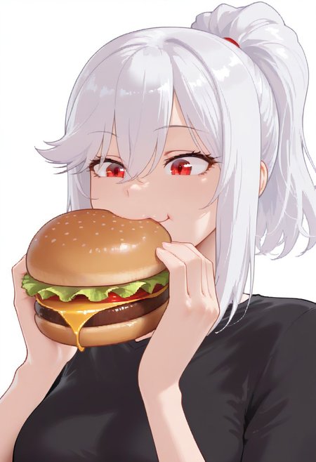 1girl, solo, medium breasts, bangs, ponytail, white hair, red eyes, sidelocks, hair between eyes, 
white background, blur, 
eating burger, joyful, delicious, yummy expression, pleased, black shirt, 
very detailed, masterpiece, 8k, detailed hair, best quality, amazing quality, very awa, absurdres, detailed clothes, 
bad_prompt_version2, negativeXL_D