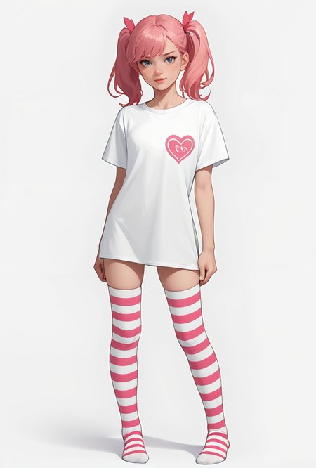 core_9, score_8_up, score_7_up,  1girl, pink hair, twintails, striped thighhighs, skindentation,, detailed skin texture, (blush:0.2), (goosebumps:0.3), subsurface scattering