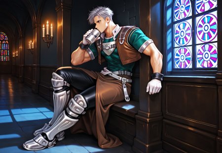masterpiece, best quality, amazing quality, very aesthetic, absurdres, newest, natgra, 1boy, solo, adult, male focus, mature male, toned male, gray eyes, short hair, silver hair, steel greaves, plated footwear, (brown skirt, long skirt, slit:1.1), black pants, (short sleeves, green shirt), brown leather vest, silver belts, white gloves, silver chest plate, indoors, stained glass window, hallway, night, dark, wall candles, (view from the side:1.4), sitting, leaning on wall, holding beer can, drinking,