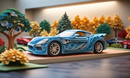 Paper quilling art of <lora:papercarvingcd_xl-000005:0.6>,a handmade sculpture of a modern sports car made of papercarvingcd_xl in office scene,full body,scenery,tree,river,highway,miniature,tilt-shift,indoors,supercar,front view,facing viewer,8K,HDR,UHD,masterpiece,best quality,highly detailed,high resolution,finely detail,extremely detailed,ultra detailed,wallpaper . Intricate, delicate, curling, rolling, shaping, coiling, loops, 3D, dimensional, ornamental