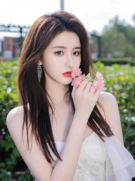 This is a high-resolution photograph featuring a young Asian woman with fair skin and long, straight, dark brown hair. She is wearing a white, off-the-shoulder dress with a sweetheart neckline, adorned with delicate silver embroidery. The dress accentuates her slender figure and small breasts. She is holding a pink flower close to her face with her right hand, while her left hand rests gracefully by her side. Her makeup is subtle, with a focus on her striking red lips, adding a pop of color to her otherwise neutral look. She wears large, sparkling earrings that catch the light.

The background is softly blurred, showcasing a garden setting with greenery and a hint of a circular structure, possibly a gazebo or a pergola, in the distance. The lighting is natural, likely from the sun, creating a soft, warm glow on her skin and highlighting her delicate features. The camera angle is slightly low, looking up at her, which adds a sense of intimacy and elegance to the composition. The image employs the rule of thirds, with the woman's face positioned in the upper third of the frame, drawing the viewer's attention to her serene expression and the flower she holds.