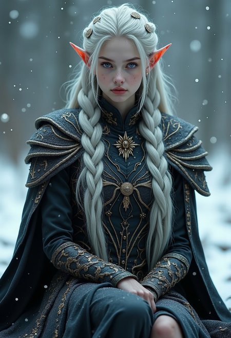 Full body potrait, hyperrealistic detail, Rendered in a fusion of photorealism and digital surrealism, Beautiful surreal high fantasy portrait, A Female warrior with dark, ashen skin and long, long silver-white hair, intricate braids, black Armor and clothes, facing the viewer stands amidst  snowflakes, ethereal and otherworldly presence, with sharp, elf-like ears and adorned in elaborate, dark armor with detailed engravings and metallic patterns. 
Her expression is somber and introspective as she sits quietly, her eyes are silver, in a cold and desolate landscape under a dim, moonlit sky. 
Her armor is very detailed with decorations, giving her an air of nobility,  Real sharp photo, snowing, snowflakes in the air, blurred background, rose gold minerals, shiny aura, highly detailed, Kirnan Shipka, Januz Miralles, Hikari Shimoda, glowing stardust by W. Zelme.  The overall effect is breathtaking and truly captivating,  shimmering skin that glows like the night sky, long, hair adorned with tiny, glowing stars, deep, cosmic eyes, ethereal  hues, mysterious and enchanting expression, dreamlike and mystical atmosphere,  RAW candid cinema, 16mm, color graded portra 400 film, remarkable color, ultra realistic, textured skin, remarkable detailed pupils, realistic dull skin noise, visible skin detail, skin fuzz, dry skin, shot with cinematic camera, detailed skin texture, (blush:0.2), (goosebumps:0.3), subsurface scattering, fluxenh4nce