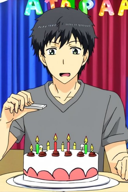 high resolution, solo, best quality, 1Boy, Arata Kaizaki, Black Hair, surprisde, birthday surprise, birthday cake, birthday party, OverallDetail