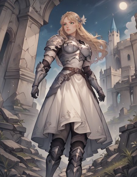 score_9, score_8_up, score_7_up,score_6_up, score_5_up, score_4_up ,1girl, solo, 
large breasts,
noradg,
long hair, blonde hair,green eyes, hair ornament, 
 armored dress, belt boots, shoulder armor, breastplate, armored boots, 
castle, ruins, light particles,  night,
from below,
running, 
 <lora:NoraDG_PDXL-v01-000003:1>