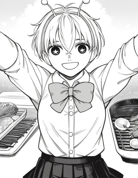 score_9, score_8_up, score_7_up, source_anime, <lora:vamola-manga-ponyxl-lora-nochekaiser:1>, vamola, short hair, bangs, hair between eyes, symbol-shaped pupils, antennae, star-shaped pupils, monochrome, greyscale, medium breasts,, skirt, shirt, bow, school uniform, jacket, pleated skirt, collared shirt, bowtie,, backyard, barbecue, grilling, laughter, summer evening, smile, on back, arm support, arms up, incoming hug, pov, reaching, reaching towards viewer,, looking at viewer, solo,, dutch angle, cowboy shot