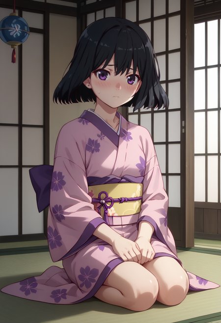 score_9, score_8_up,
1girl, <lora:SeiuHigasa_OffSeason_PDXL:0.9>, seiuhigasa, black hair, purple eyes, short hair,
kimono,
blush, shy, sitting,
indoors